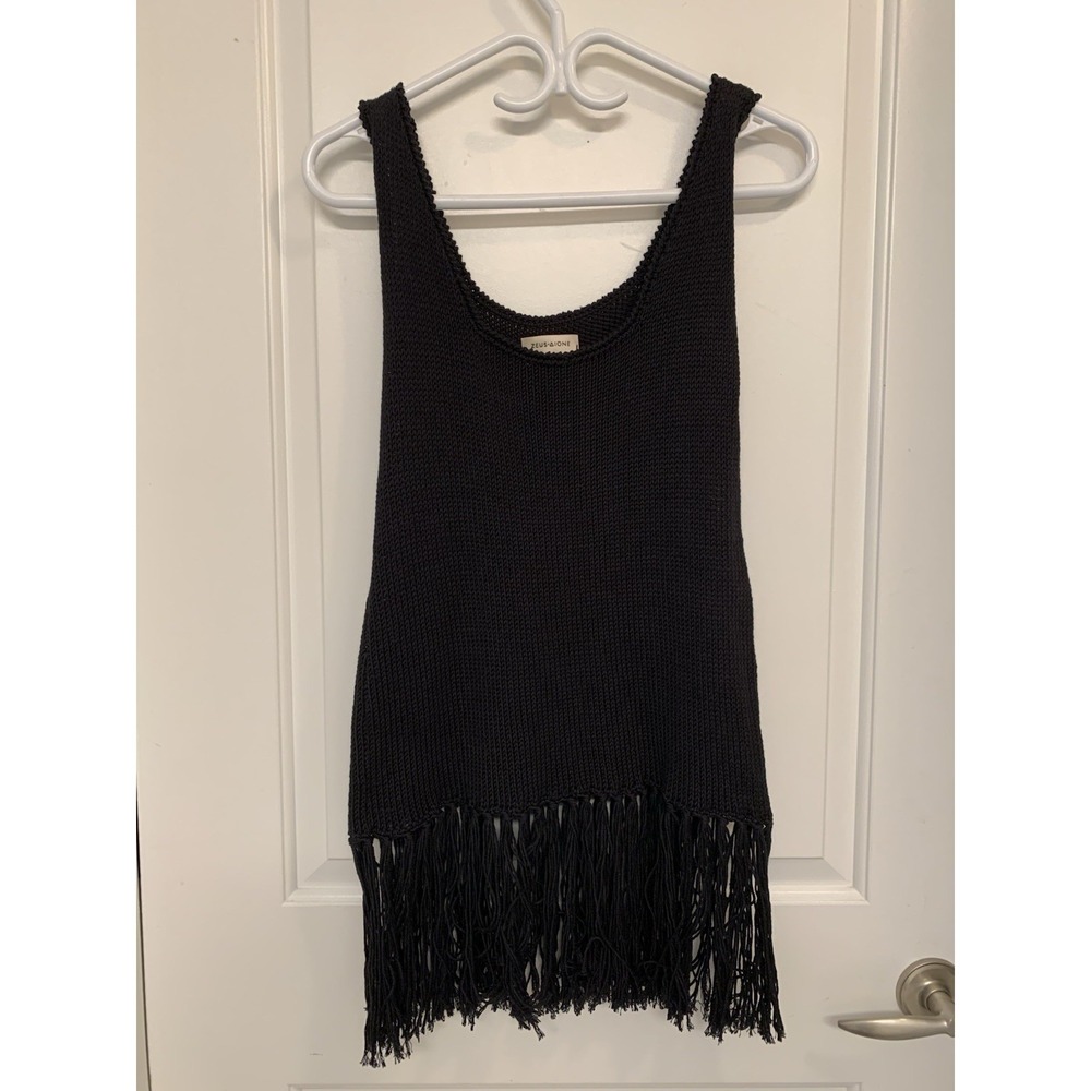 Zeus + Dione Hellas Iole Black Knit Fringe Tank Top 42 Resort Boho Festival Luxe